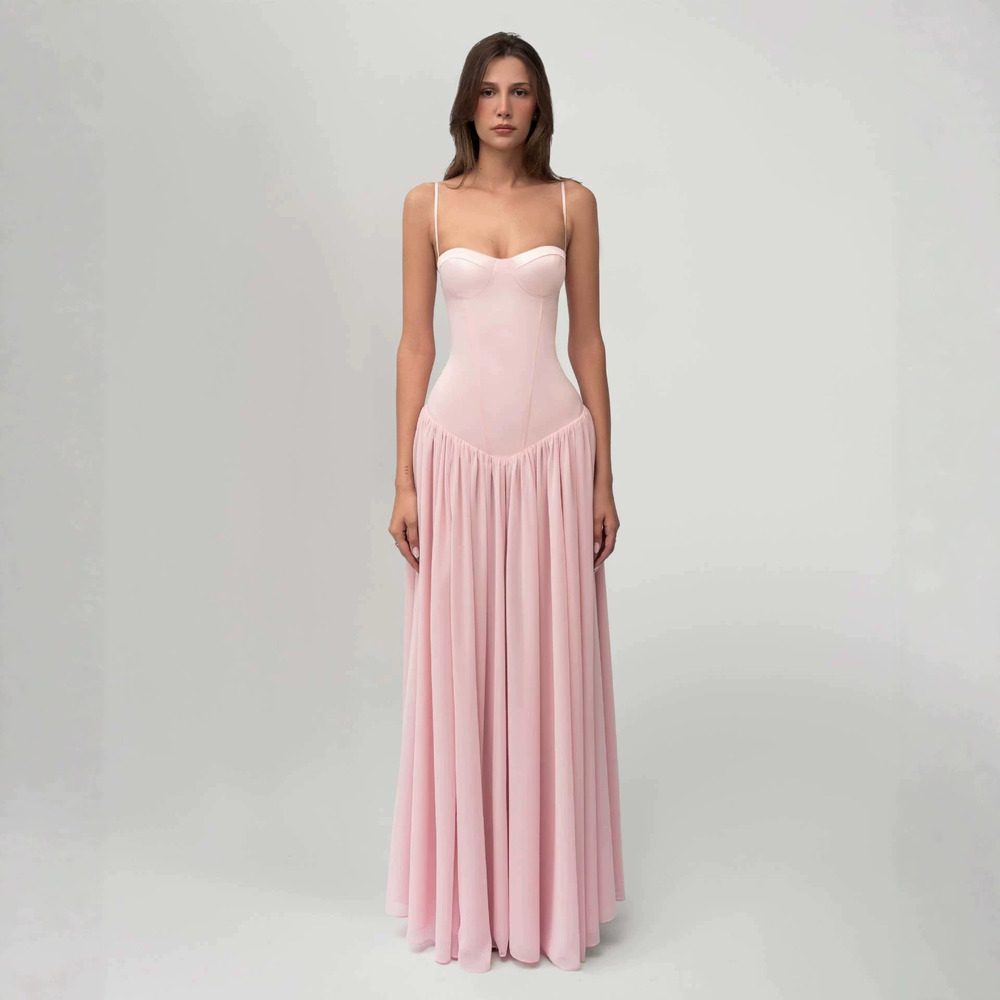 Zara Spaghetti Strap Chiffon Flare Boned Long Dress Back Lace Up